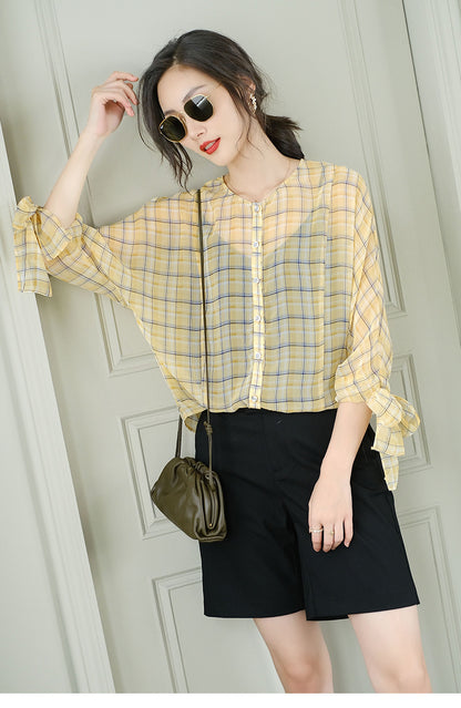 Three-quarter Sleeves Plaid Round Neck Single-breasted Ladies Shirt Chiffon Shirt