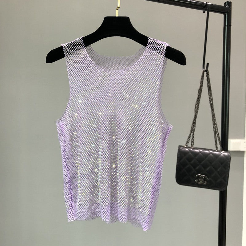 Gilet en maille strass pour femmes, haut sans manches ajouré en diamant léger