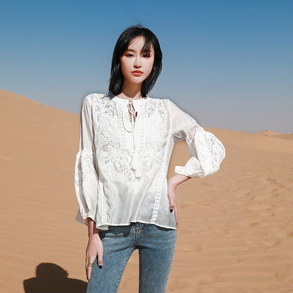 Fashion Embroidered Loose Lantern Sleeve Shirt Fairy Lace Versatile