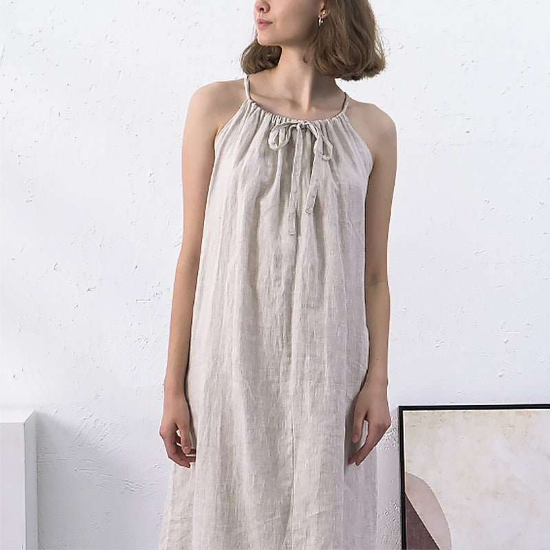 Linen Halterneck With Suspenders Strap Long Dress