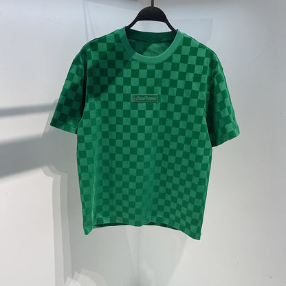 T-shirt décontracté vert à col rond et imprimé à carreaux, rouge net