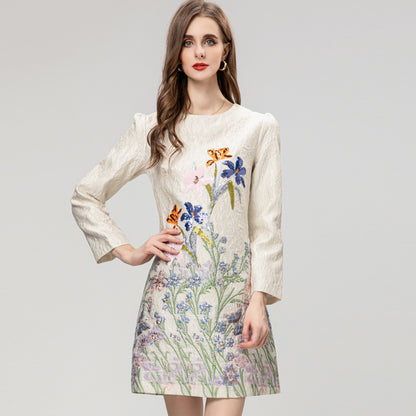 Heavy Embroidery Sequins Fashion Narcissus Jacquard Printed Long Sleeve Short Dress