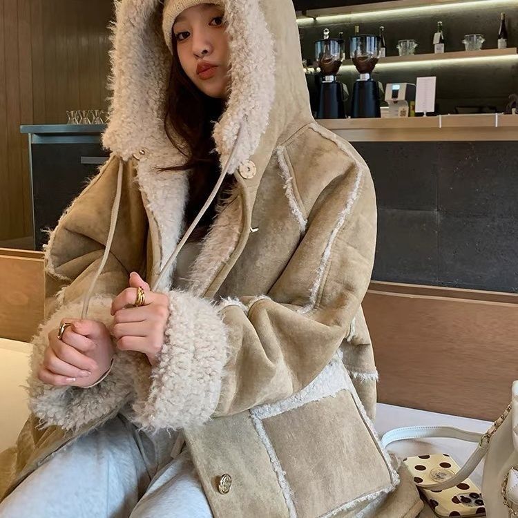 Hooded Suede Fur Lamb Warm Leisure Slimming Coat