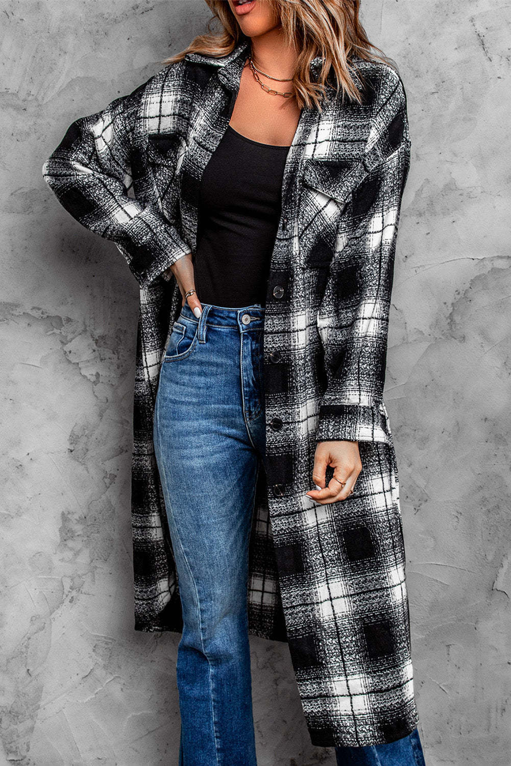 New Women's Mid-length Loose Lapel Cardigan Plaid Shirt