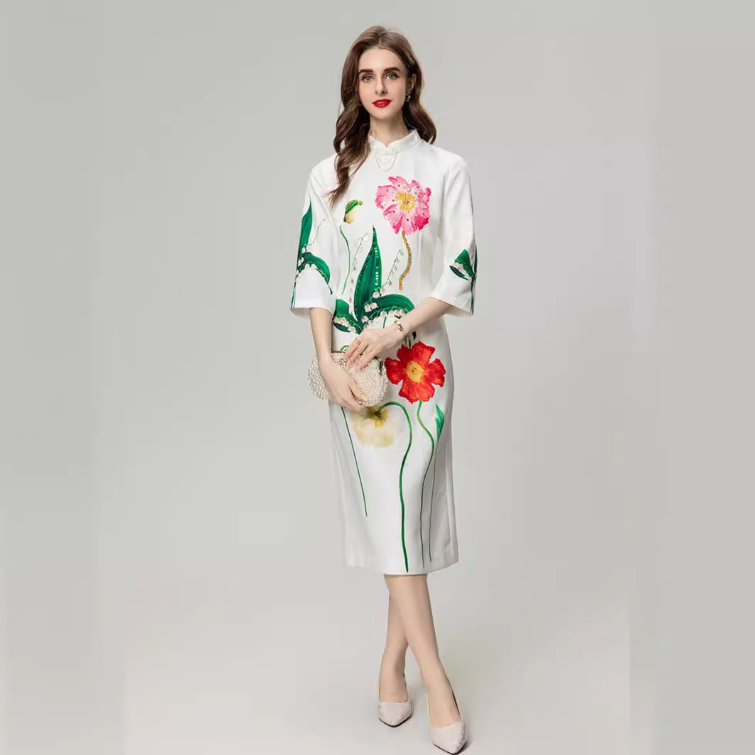 Positioning Printing Flower Heavy Industry Beads 34 Sleeve Dress