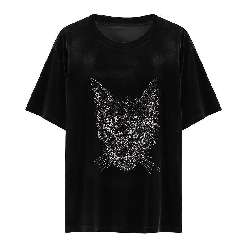 Cat Head Rhinestone Customized Velvet Short Sleeve