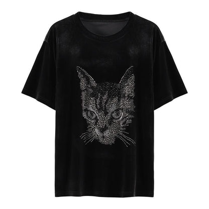 Cat Head Rhinestone Customized Velvet Short Sleeve