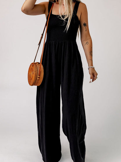 Shiying Black Square Collar Smocking Pleated Jumpsuit Women's Wide Leg Pants