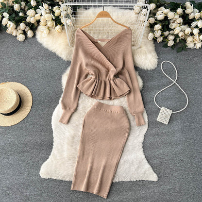 Women's V-neck Flounce Short Sweater Skirt Two-piece Set