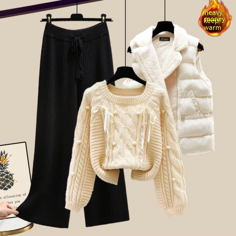 Three-piece Vest Thickened Sweater Wide-leg Pants Women's Suit