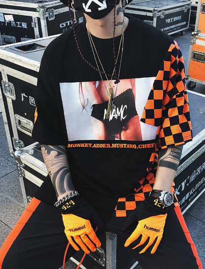 Hip-hop T-shirt T-shirt summer plaid stitching underwear printed short-sleeved national tide men and women loose lovers