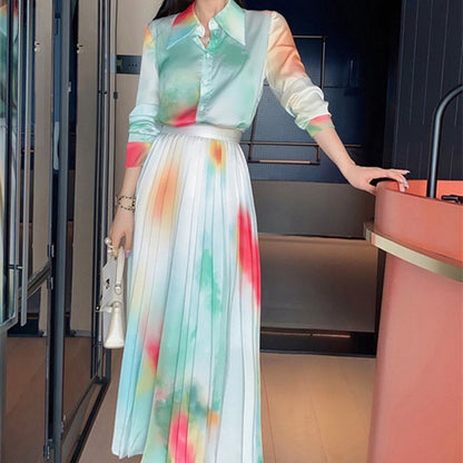 Spring New Suit Skirt Two-piece Western Style Fashionable Printed Shirt Pleated Skirt Elegant Graceful