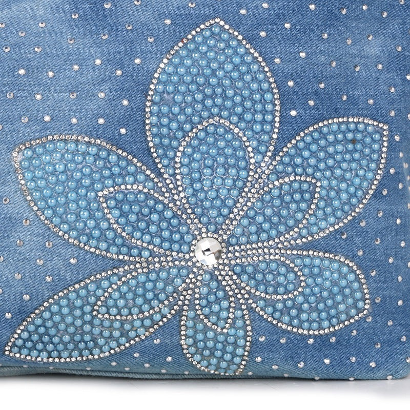 Fashion Women's V-shaped Diamond Flower Denim Bag