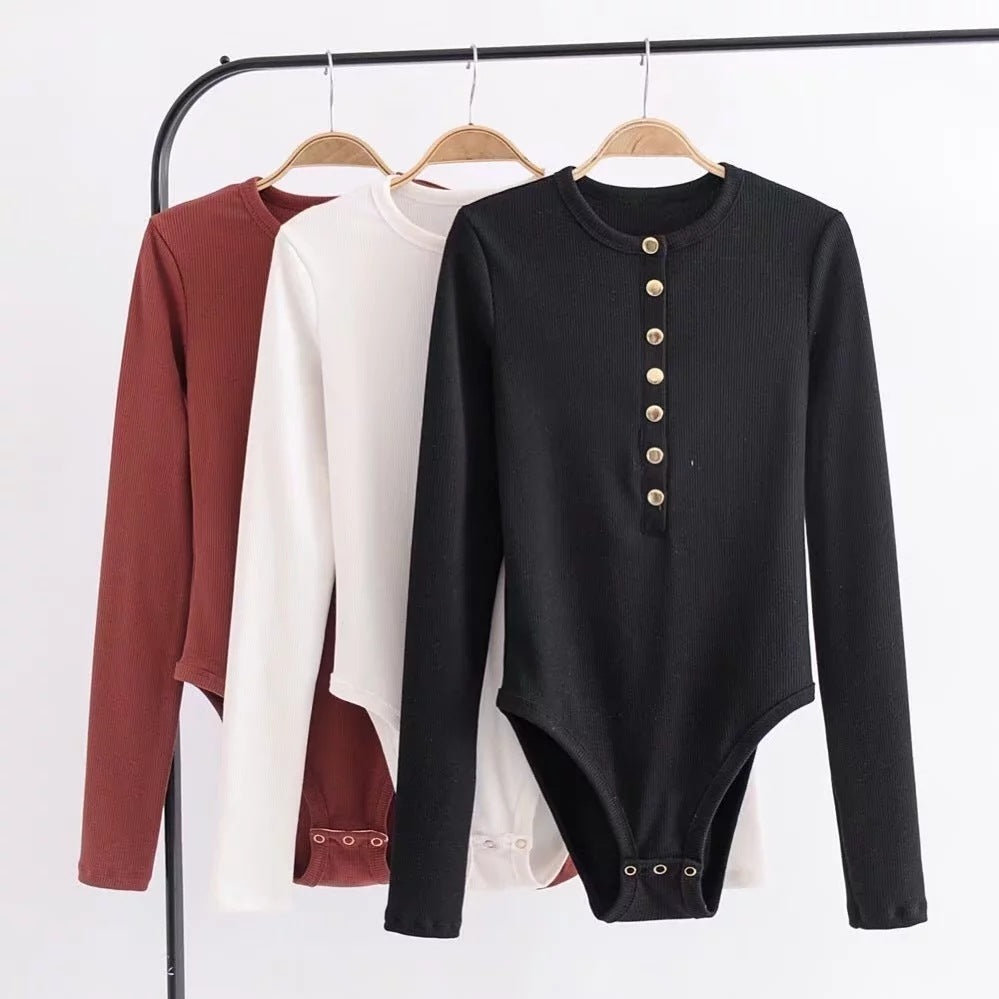 Long-sleeved knitted bottoming shirt buttoned slim bodysuit