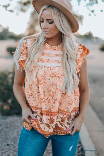 Floral Flutter Sleeve Sleeveless Blouse