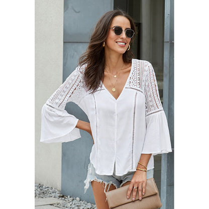 Mid-length Shirt Women's Hooded Hollow V-neck Flared Sleeve Lace Shirt Top