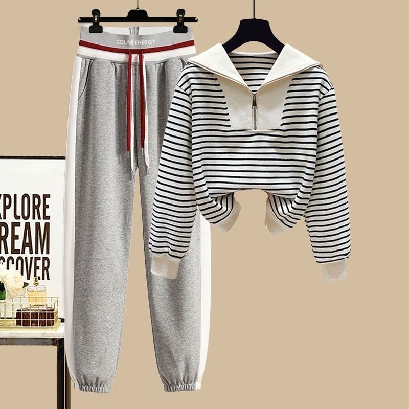 Sports Suit Spring Striped Sailor Collar Zipper Sweater