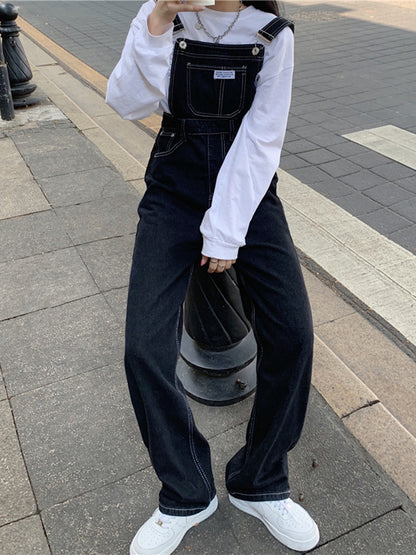 Retro High Waist Straight Black Denim Bib Pants