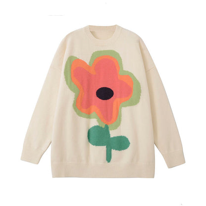 Jersey de flores grandes con cuello redondo y manga larga