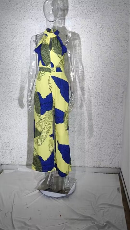 Leaf Printed Yellow Halter Jumpsuit