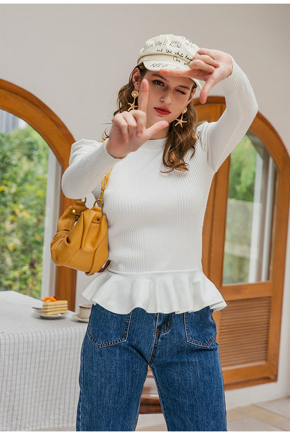 Suéter de manga larga blanco de Color sólido con cuello redondo para mujer simple y elegante suéter femenino de otoño e invierno jersey informal para mujer