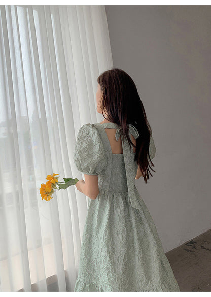 Light Green Puff Sleeve High Sense French Dress