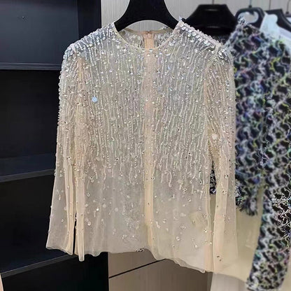 Blusa de malla con lentejuelas y tachuelas de cristal para mujer