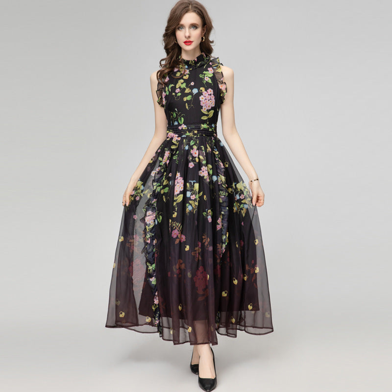 Printed Ruffled Stitching Sleeveless Pleated Chiffon Long Dress