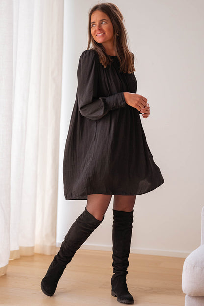 Black Solid Bishop Sleeve Pleated Mini Dress