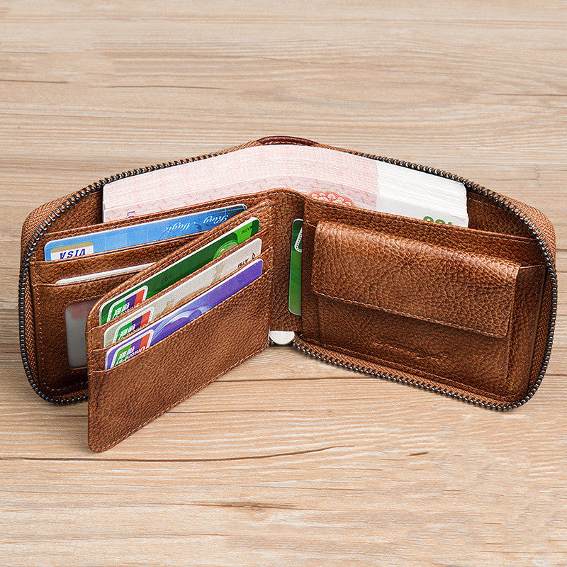 First Layer Cowhide Zipper Card Holder Driver's License Wallet Wallet