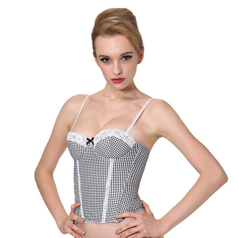 Fashion Plaid Comes With Cups, Free Bras, Corsets, Women's Court Abdomen Corsets, Slim Corsets