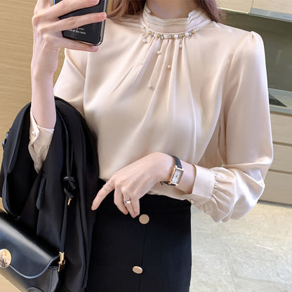 Chiffon Shirt Women's Top Stand Collar Beaded Shirt Loose