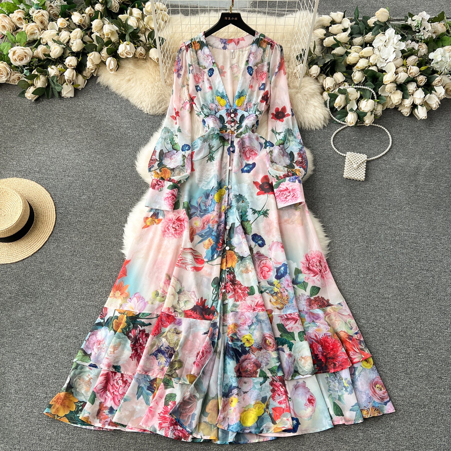 Niche Ruffled Long Version Advanced Sense V-neck Dress