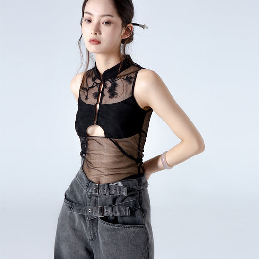 New Chinese Style Pine And Cypress Embroidered Hollow Black Gauze Top