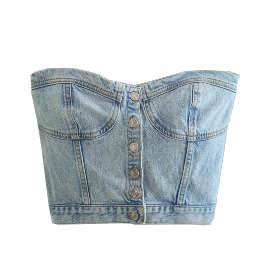 Denim Wrap Top With Ins Strapless Pockets