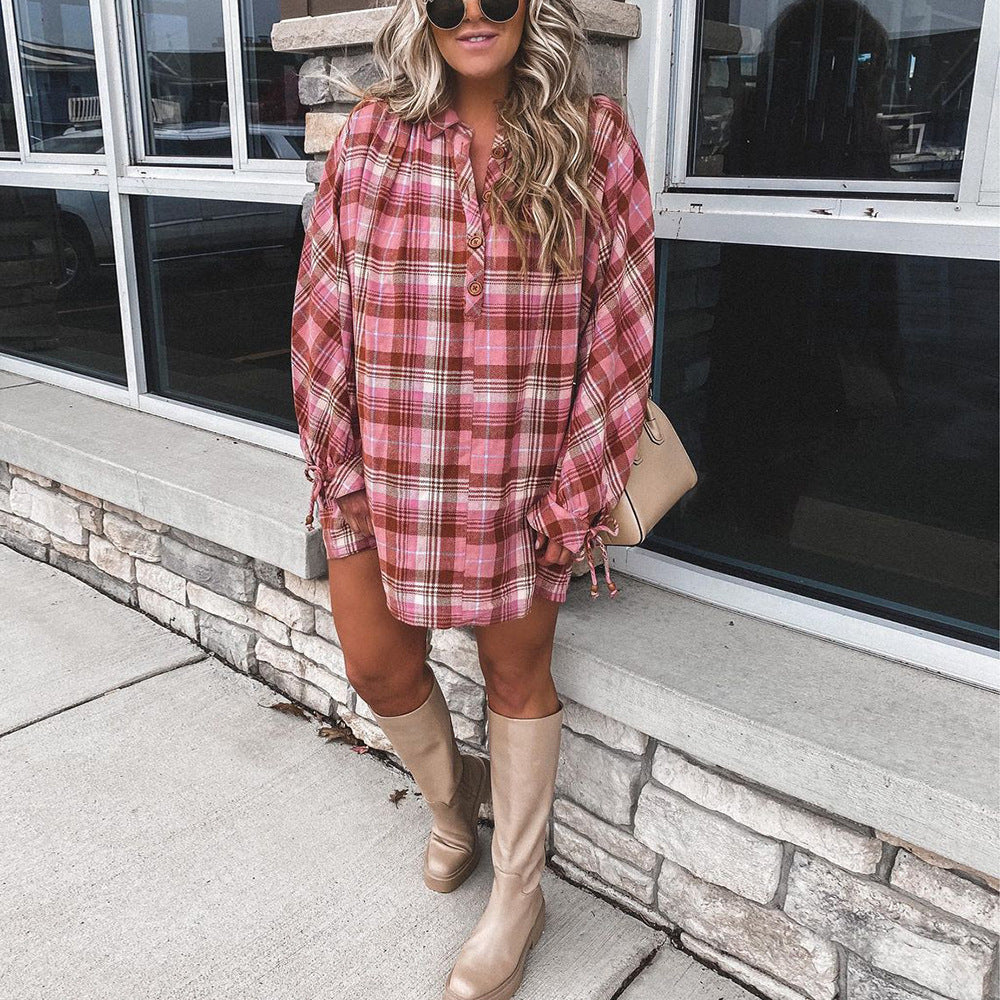 Check Printed Long Sleeve Lapel Loose Casual Shirt Dress