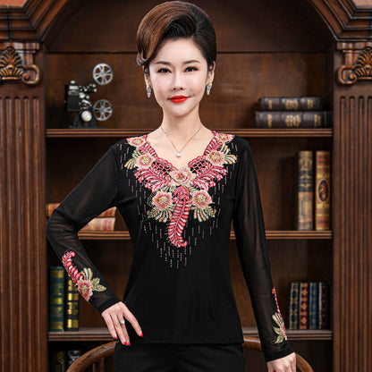 Middle-aged Embroidered Top Ladies Bottoming Mom Spring Western Style Long Sleeve T-Shirt