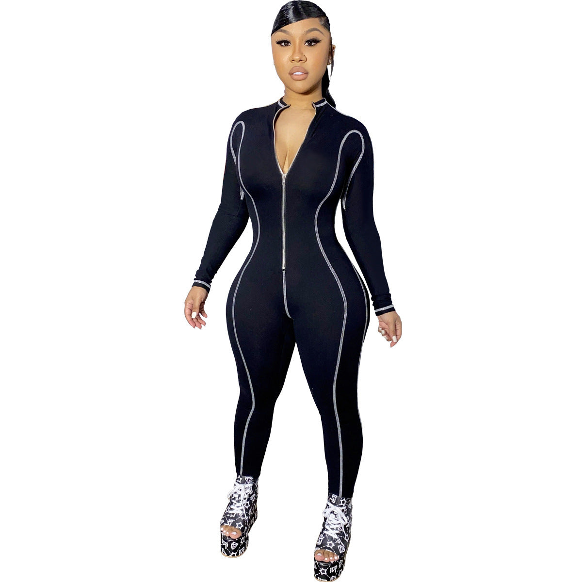 Women's Striped Zip Collar Long Sleeve Jumpsuit