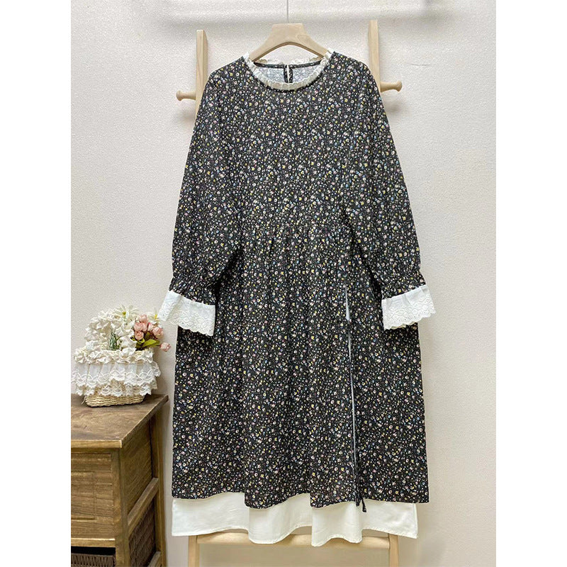 Women's Loose Casual Patchwork Fake Two-piece Long Sleeve Floral Dress