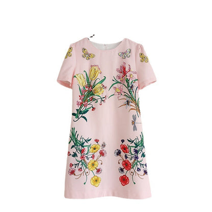 French Fashion Printed Heavy Industry Beads Short Sleeve Slim Fit Slimming Dress