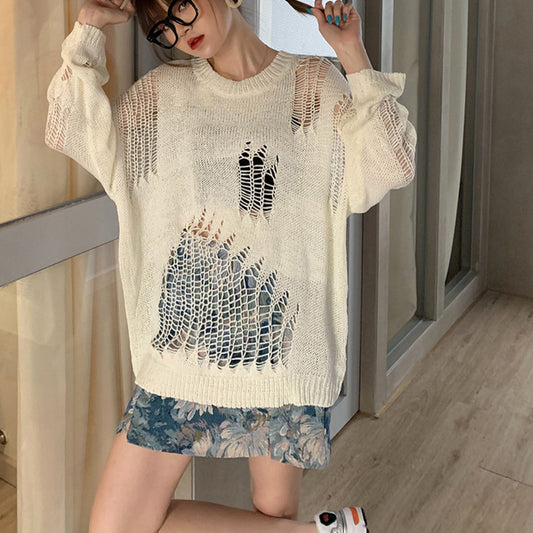 Hollow Long-sleeved Knit Sweater Blouse Pullover Top