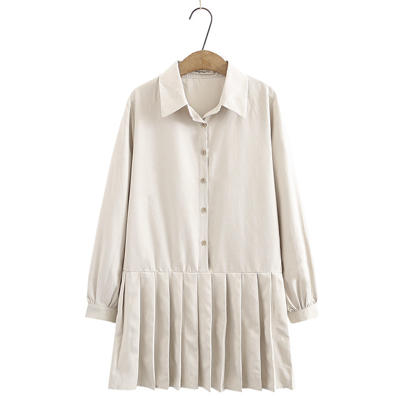 Pleated Dress With Long Sleeves And Shirt Collar