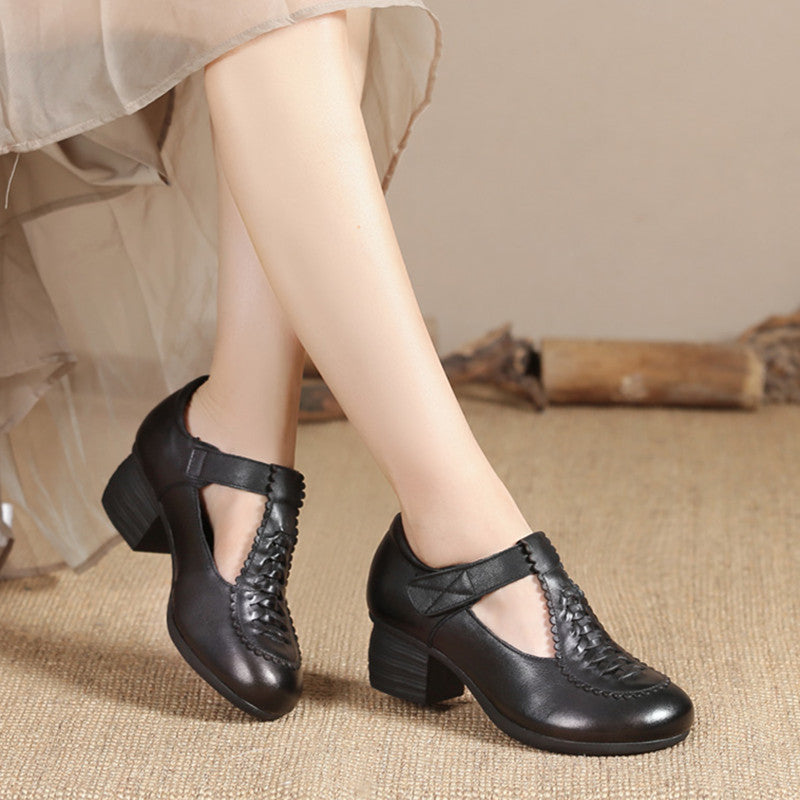 Mid-chunky Heel Casual And Comfortable Soft Bottom Middle-aged And Elderly Leather Shoes