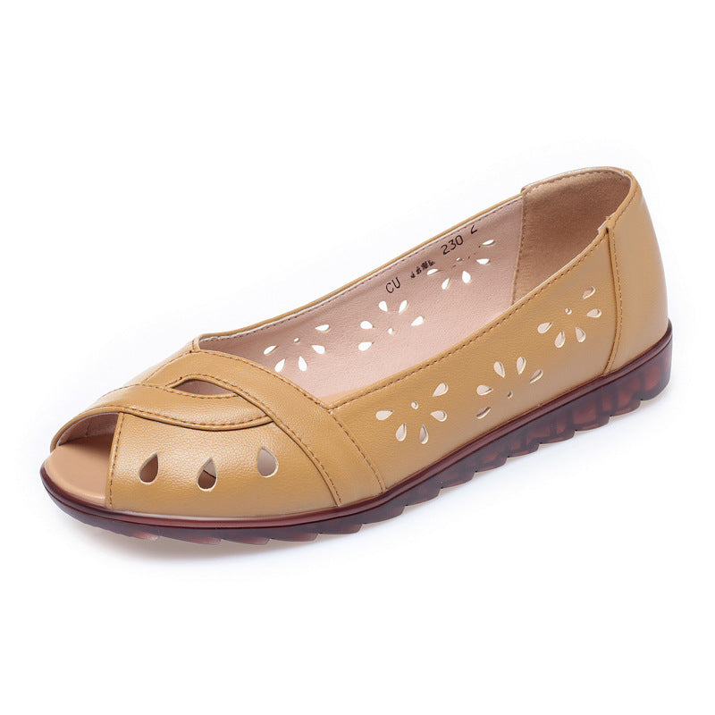 Sandalias Peep Toe para Mujer, Suela Plana, Comodidad, Cuero, Suela Suave