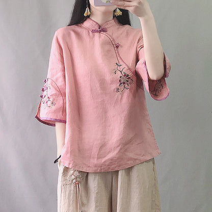 Retro Buckle Cotton And Linen Embroidery Chinese Blouse Women