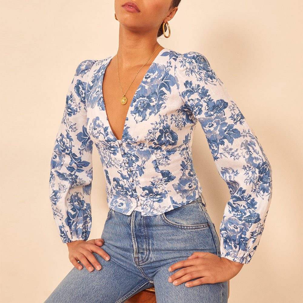 Summer Vacation V-Neck Blue And White Porcelain Print Shirt