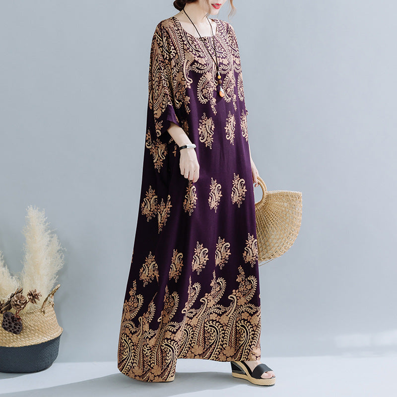 Spring Ethnic Style Plus Size Women's Cotton Silk Robe Loose Dress