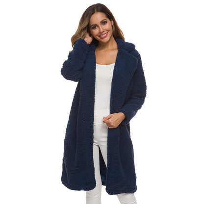 Cardigan à revers en velours d'agneau coupe-vent polaire mi-long pour femme