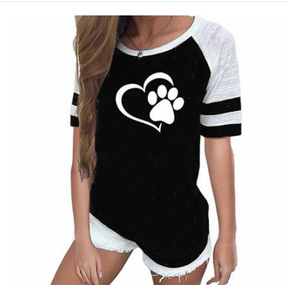 Ladies dog paw print striped short sleeve