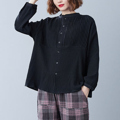 Temperament Stand-up Collar Long-sleeved All-match Shirt Plus Size Women's Clothing